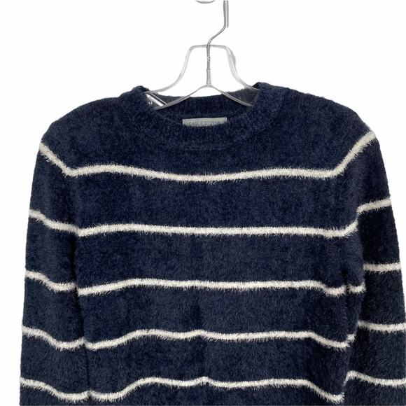 Cable Stitch Striped Fuzzy Crew Neck Sweater Size XS Navy - Picture 4 of 7